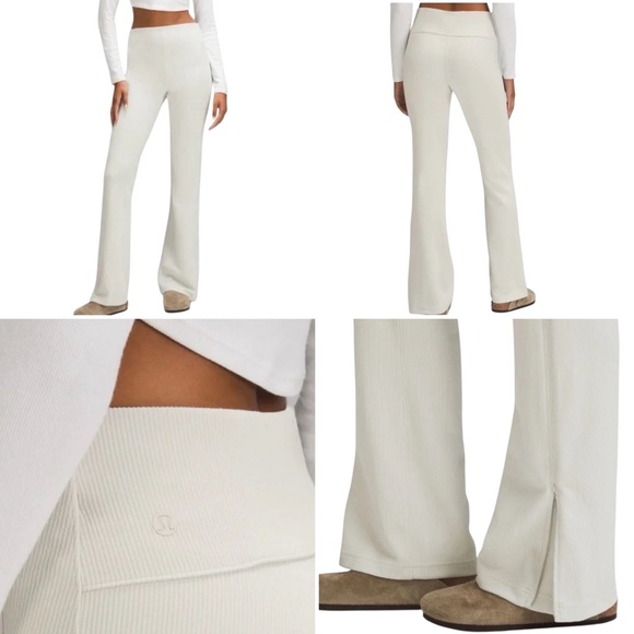 Lululemon Bone Off White Brushed Softstreme Ribbed Zip Flared Yoga Pants - Sz 10 - Picture 1 of 15